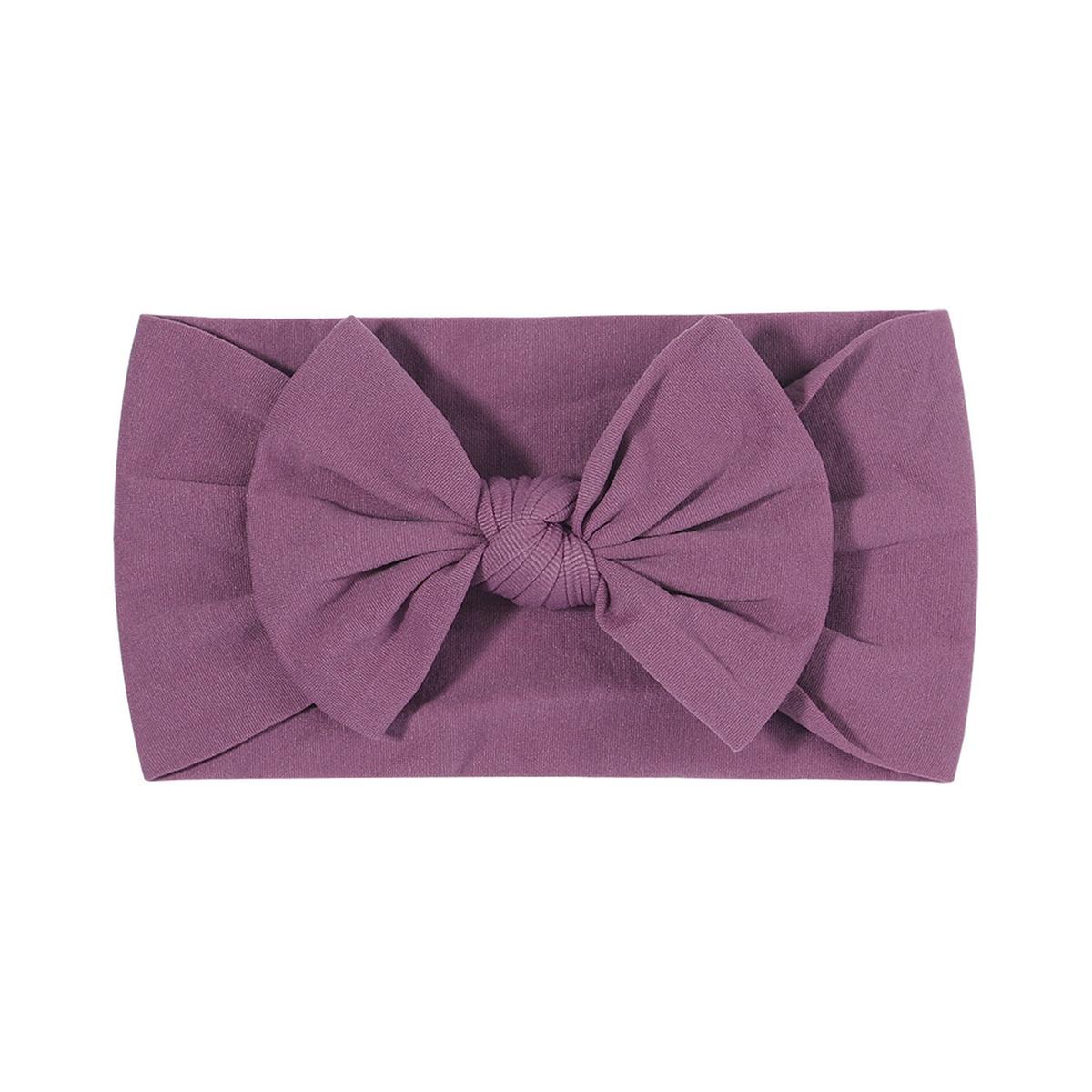 Plain mauve nylon bow baby headband with a big knotted bow on a wide soft stretch band, Wren range, Sommerfugl Kids