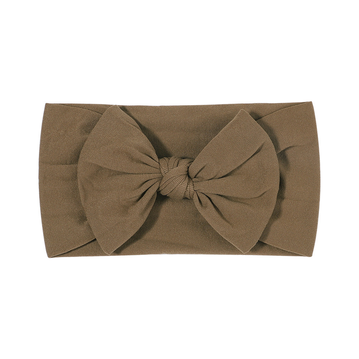 Plain olive nylon bow baby headband with a big knotted bow on a wide soft stretch band, Wren range, Sommerfugl Kids