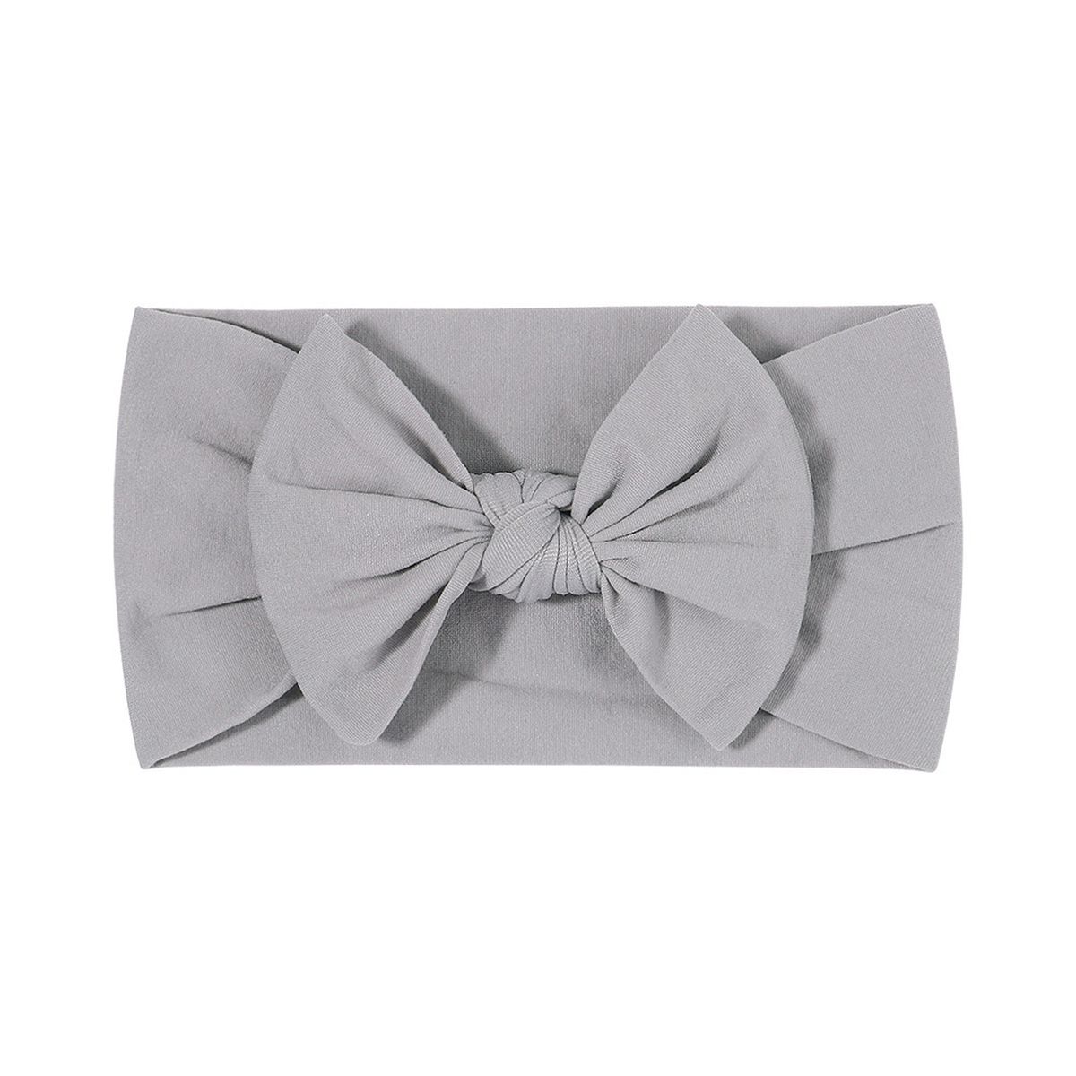 Plain pale grey nylon bow baby headband with a big knotted bow on a wide soft stretch band, Wren range, Sommerfugl Kids