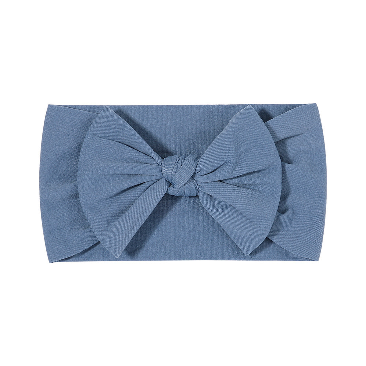 Plain powder blue nylon bow baby headband with a big knotted bow on a wide soft stretch band, Wren range, Sommerfugl Kids