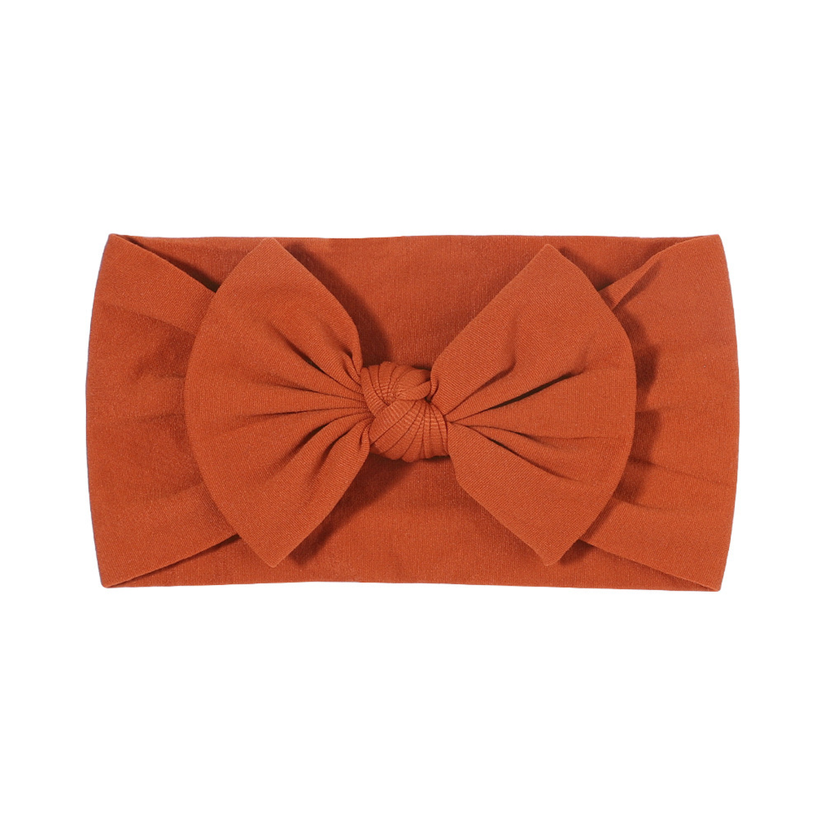 Plain rust nylon bow baby headband with a big knotted bow on a wide soft stretch band, Wren range, Sommerfugl Kids