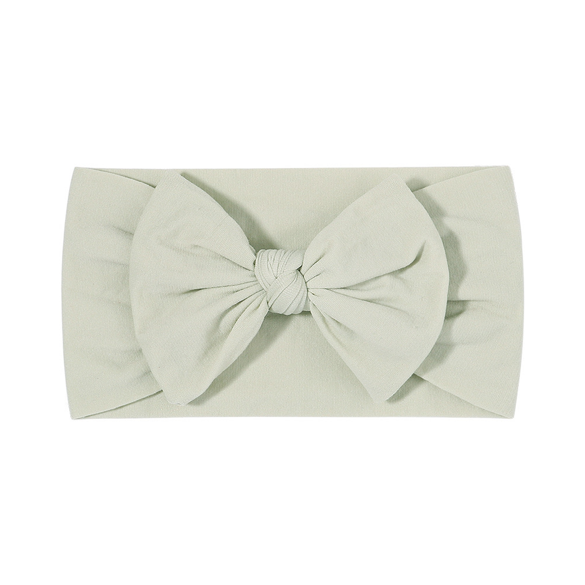 Plain sage nylon bow baby headband with a big knotted bow on a wide soft stretch band, Wren range, Sommerfugl Kids