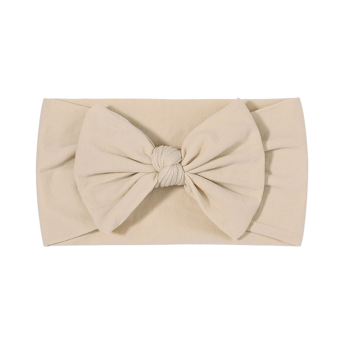 Plain sand nylon bow baby headband with a big knotted bow on a wide soft stretch band, Wren range, Sommerfugl Kids