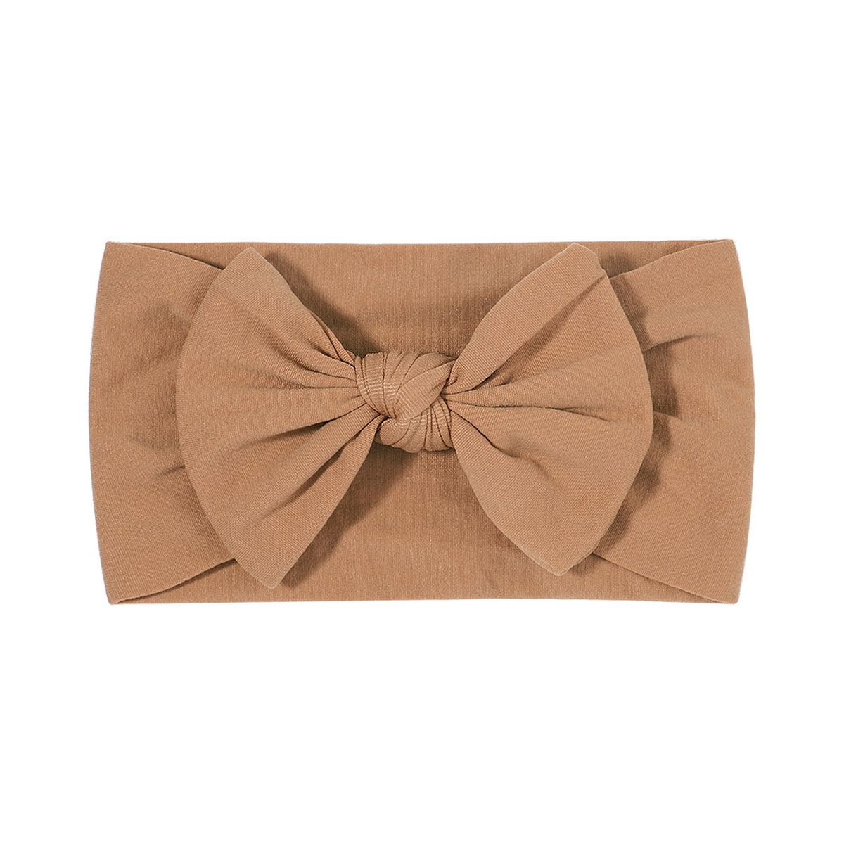 Plain sienna nylon bow baby headband with a big knotted bow on a wide soft stretch band, Wren range, Sommerfugl Kids