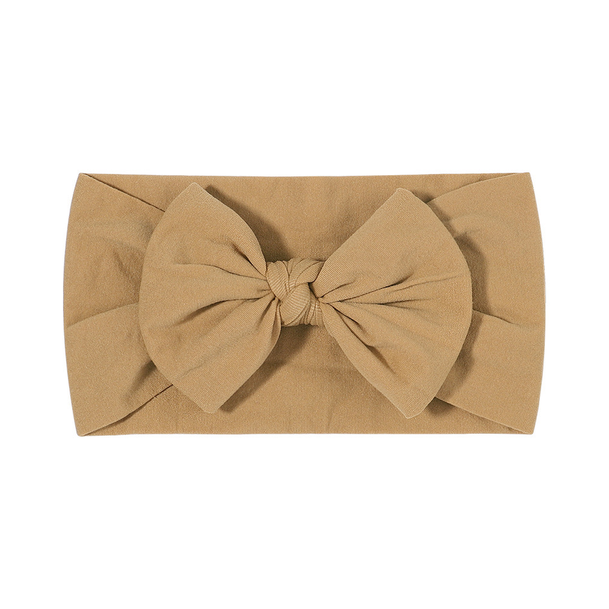 Plain tawny nylon bow baby headband with a big knotted bow on a wide soft stretch band, Wren range, Sommerfugl Kids