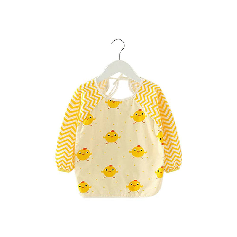 Yellow chicks baby smock bib with long sleeves, waterproof feeding apron with cheerful chick print