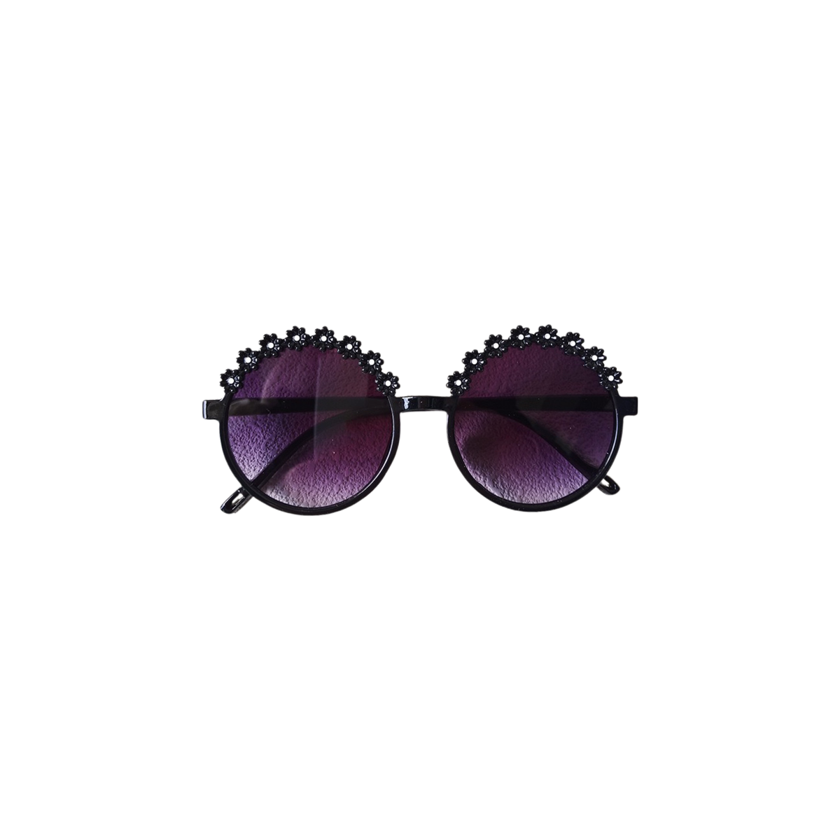 Ziggy daisy crown baby sunglasses in black, round black frames topped with little daisies, Sommerfugl Kids