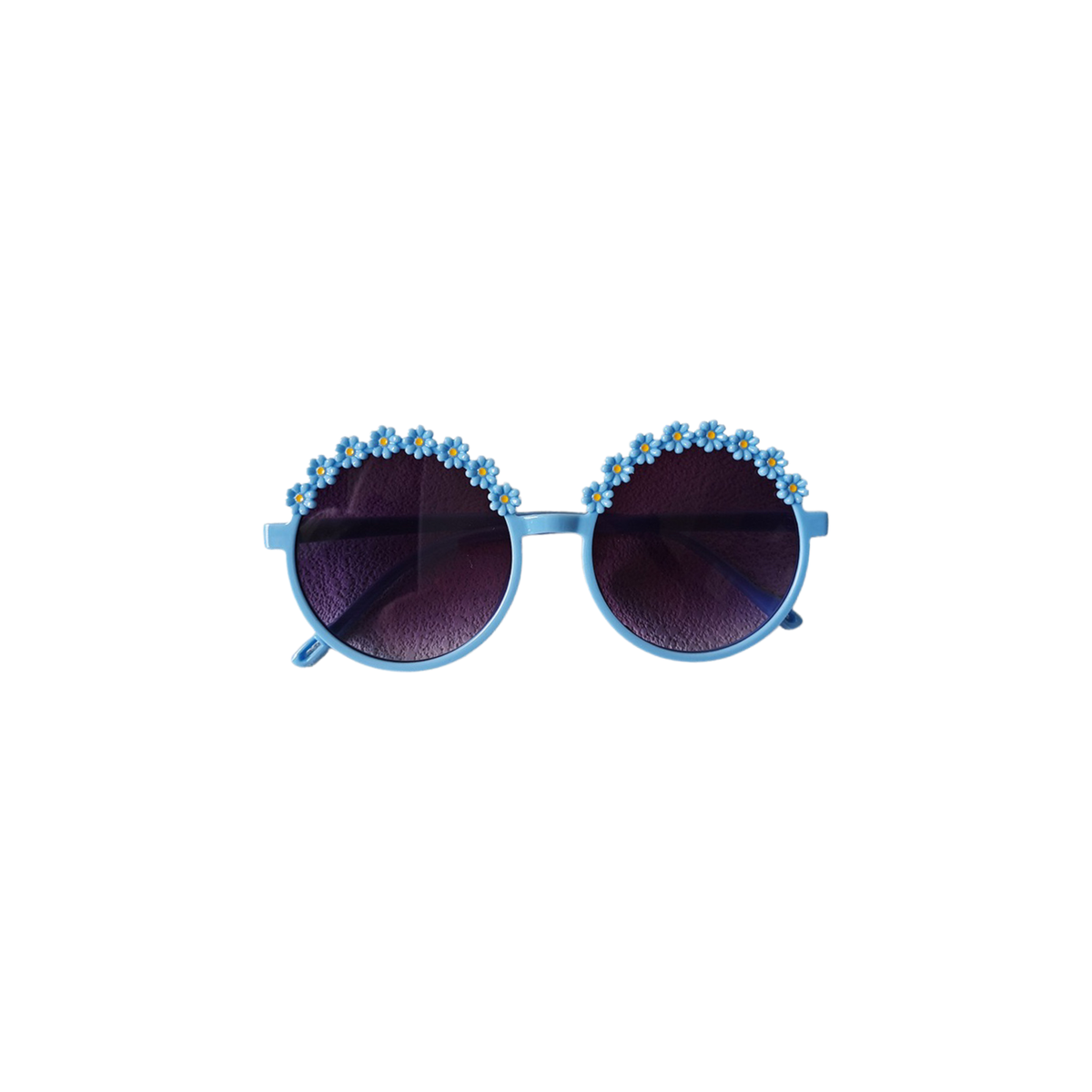 Ziggy daisy crown baby sunglasses in light blue, round light blue frames topped with little daisies, Sommerfugl Kids