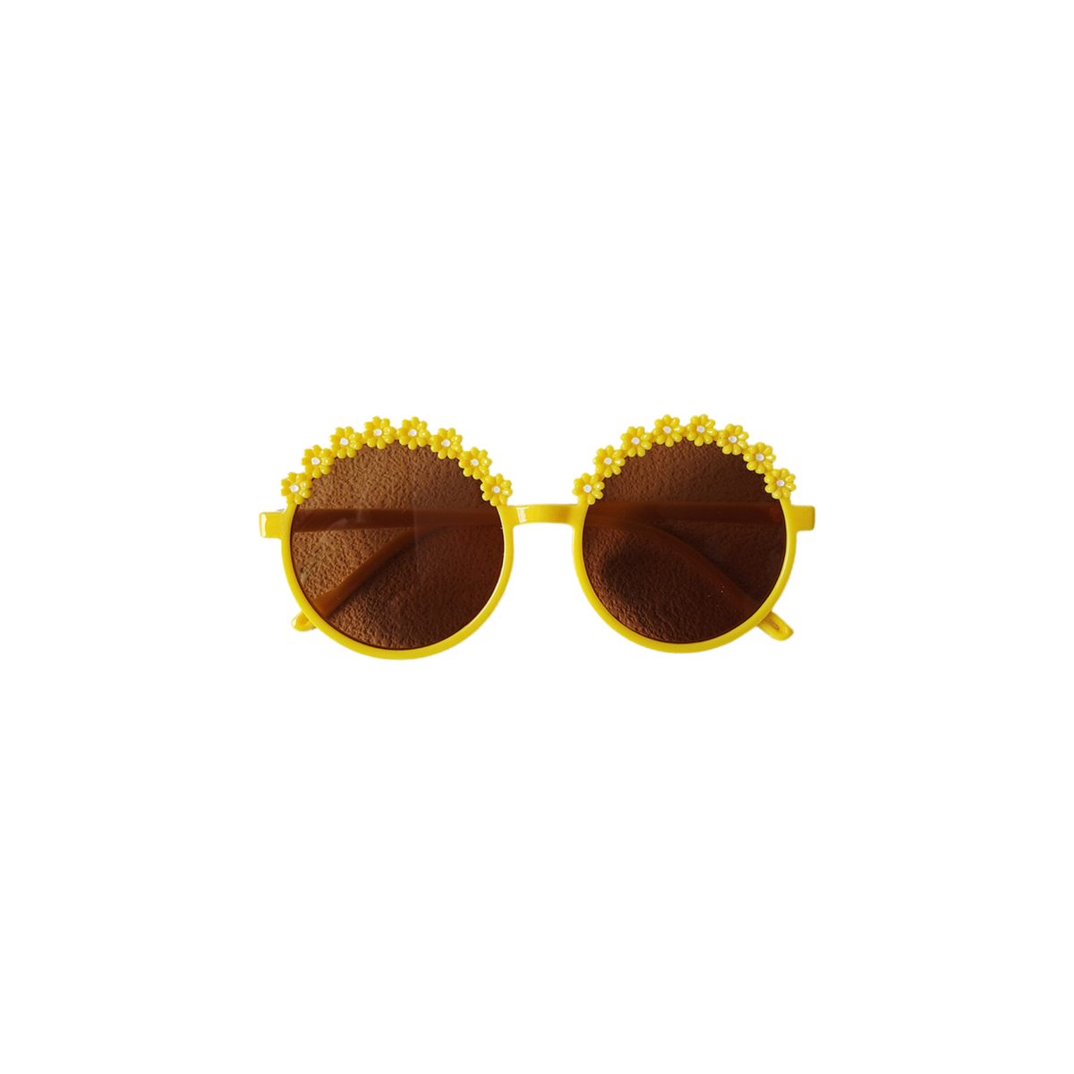 Ziggy daisy crown baby sunglasses in yellow, round yellow frames topped with little daisies, Sommerfugl Kids