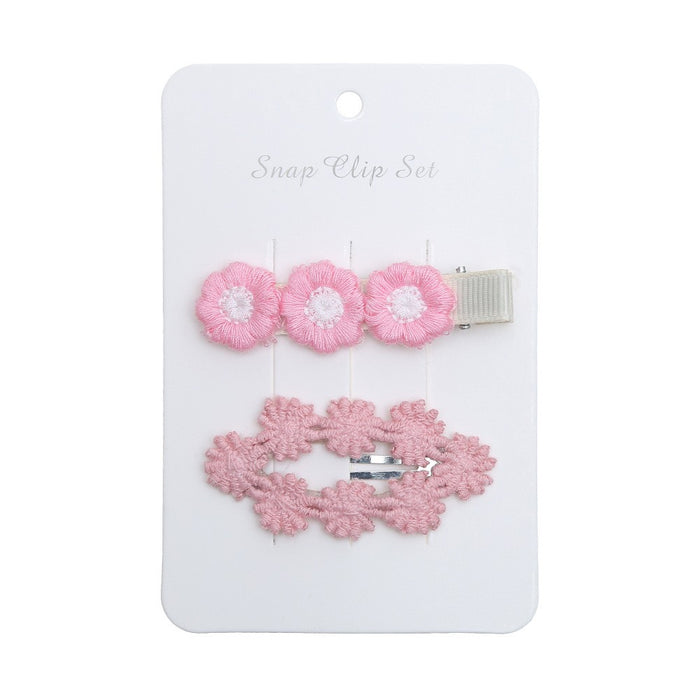 Baby Girl Floral Embroidered Snap Hair Clip Set in Flamingo