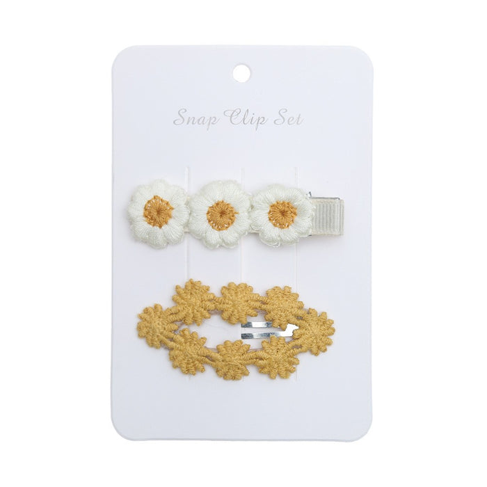 Baby Girl Floral Embroidered Snap Hair Clip Set in Mustard