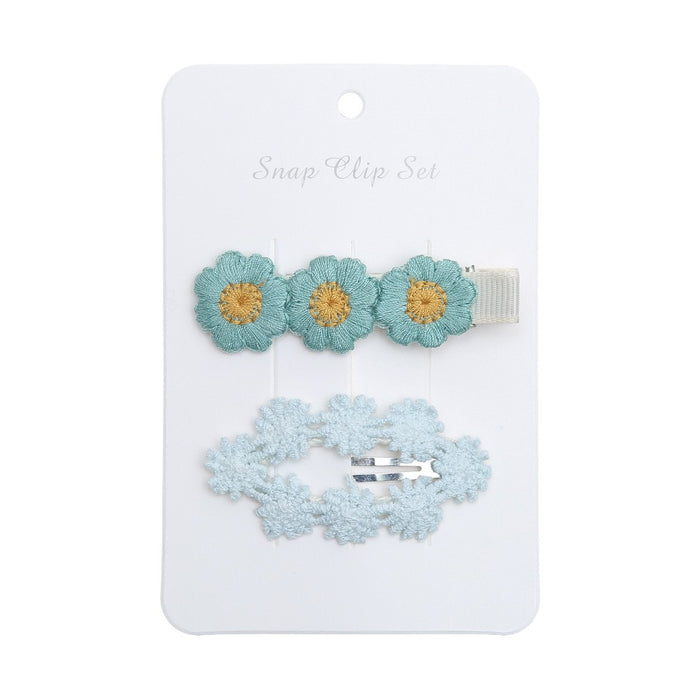 Baby Girl Floral Embroidered Snap Hair Clip Set in Teal