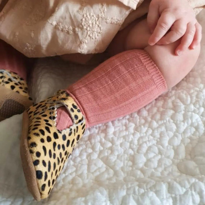 Cheetah Calf Hair Leather Baby T Bar Shoe
