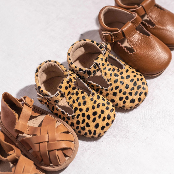 Sommerfugl Kids Cheetah Calf Hair Leather Soft Sole Baby T Bar Shoe Lifestyle With Tan T Bars and Sandals
