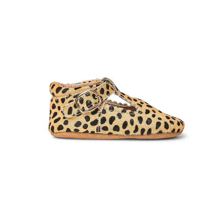 Sommerfugl Kids Cheetah Calf Hair Leather Soft Sole Baby T Bar Shoe Side View
