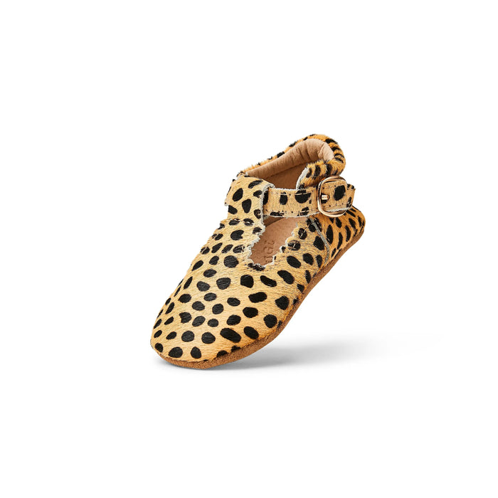 Sommerfugl Kids Cheetah Calf Hair Leather Soft Sole Baby T Bar Shoe Heel Up