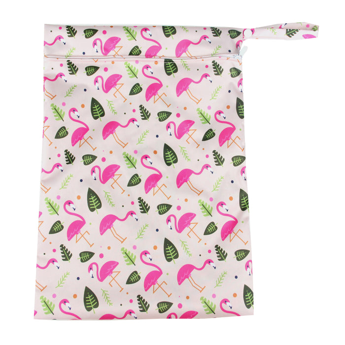 Reusable Single Zip Waterproof Nappy Wet Bag — Pink Flamingo Flock